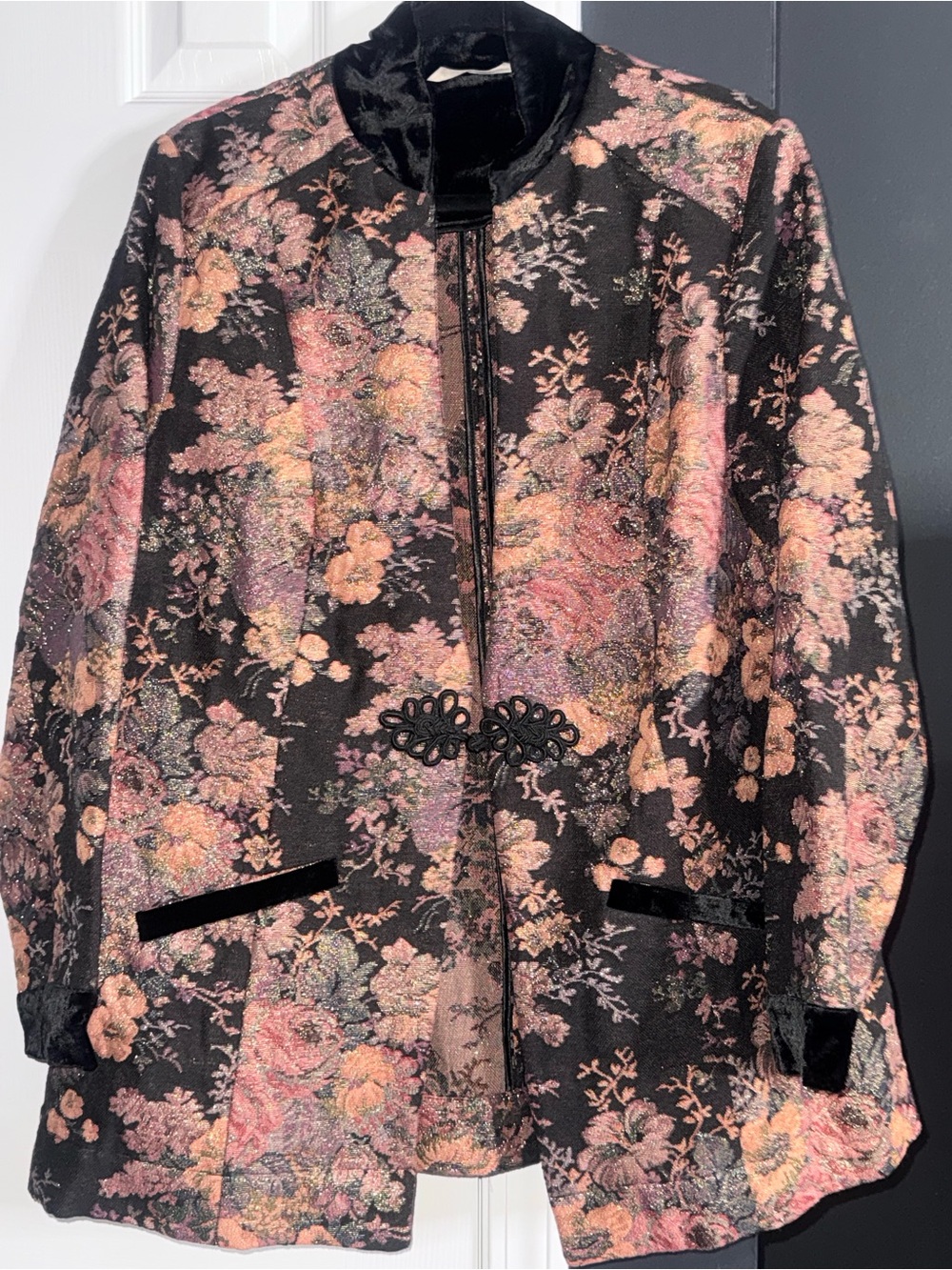 Soft Surroundings Black Floral Brocade Jacket with Pink Accents